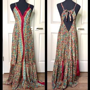 Paisley Backless Silk Maxi Dress with Red and Green Accents